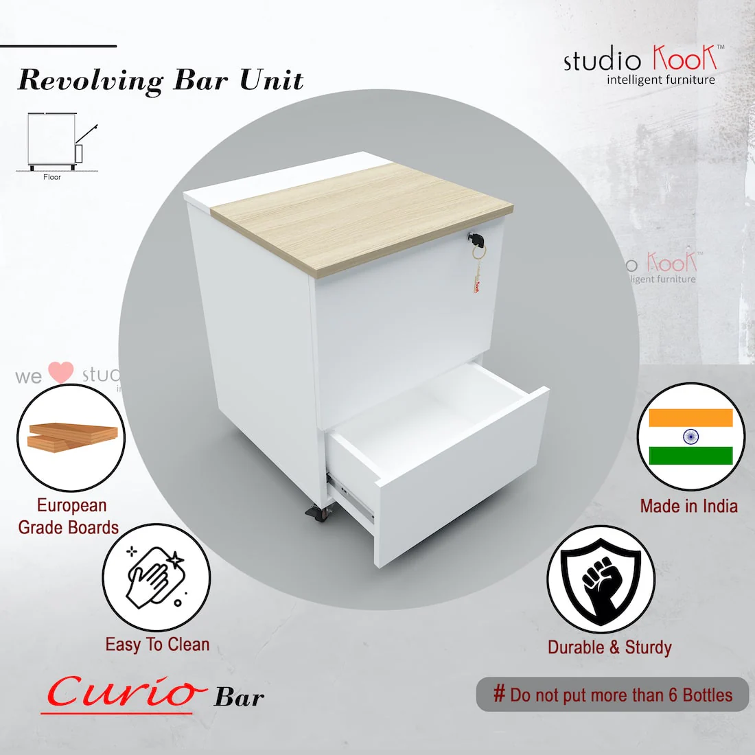 Curio Mini Bar Cabinet on Wheels (Moonshine White, Matte Finish) - Image 3