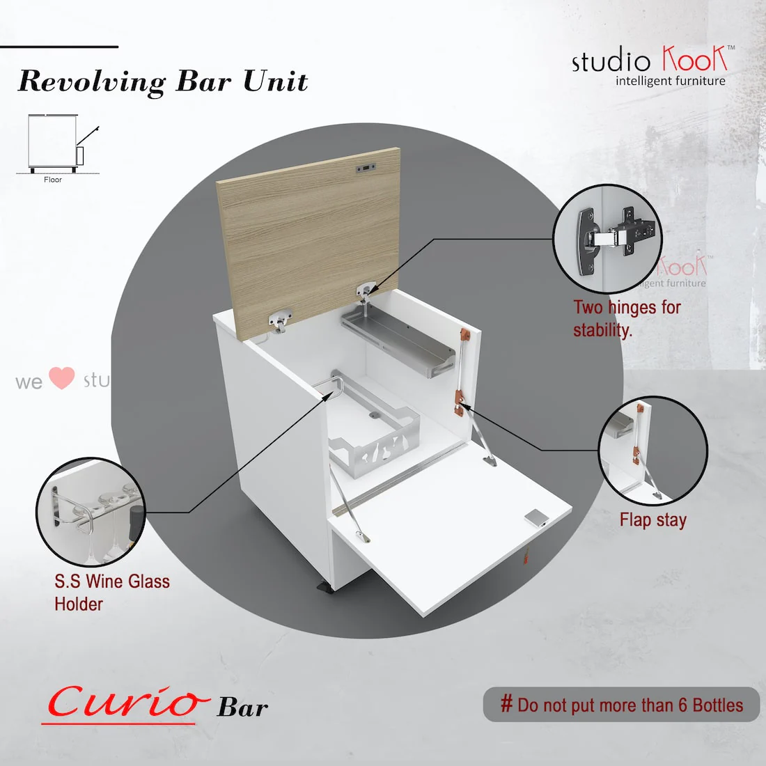 Curio Mini Bar Cabinet on Wheels (Moonshine White, Matte Finish) - Image 7